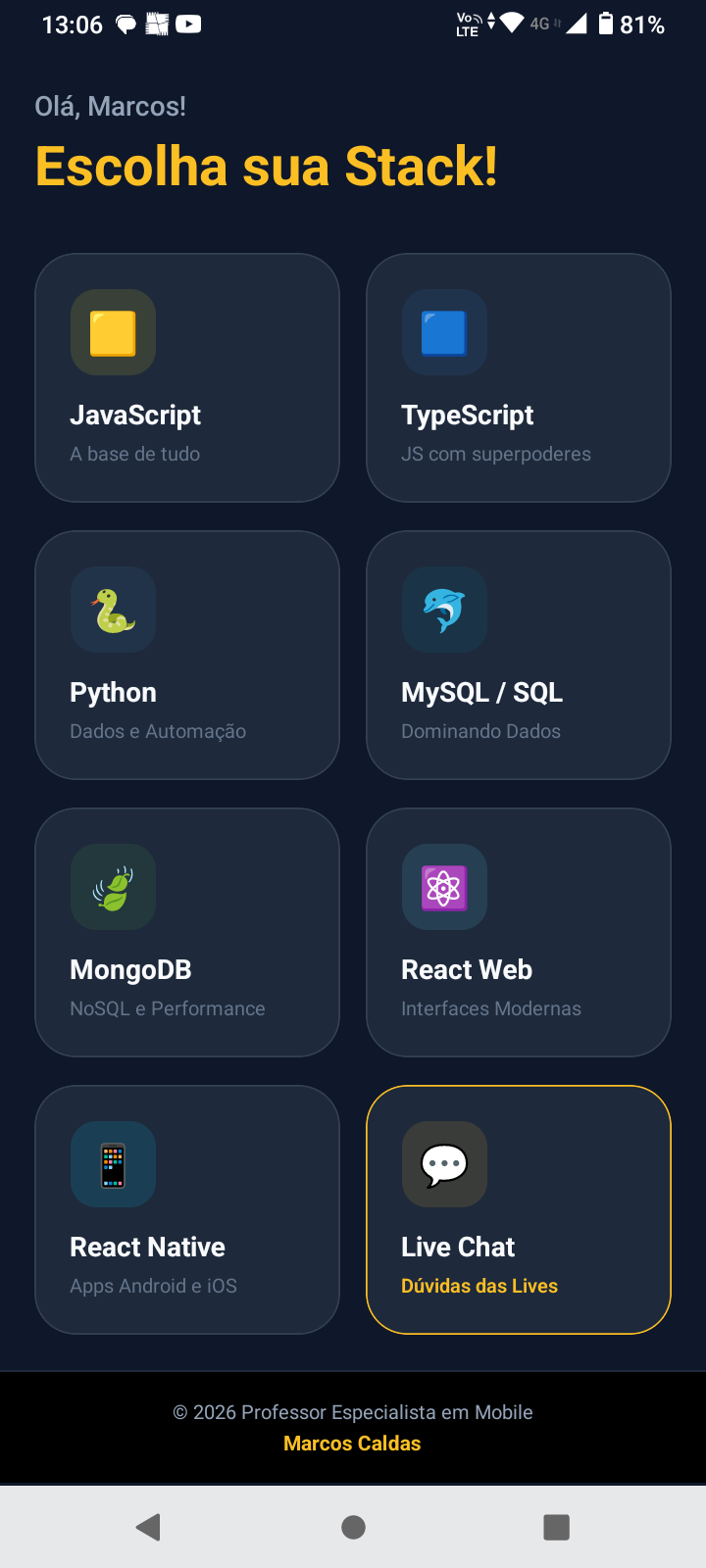 Tela do App Desvendando o Código mostrando as stacks de estudo disponíveis