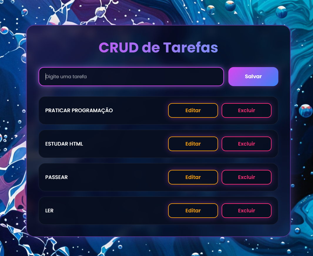 Tela real do CRUD de tarefas com campos para salvar, editar e excluir itens