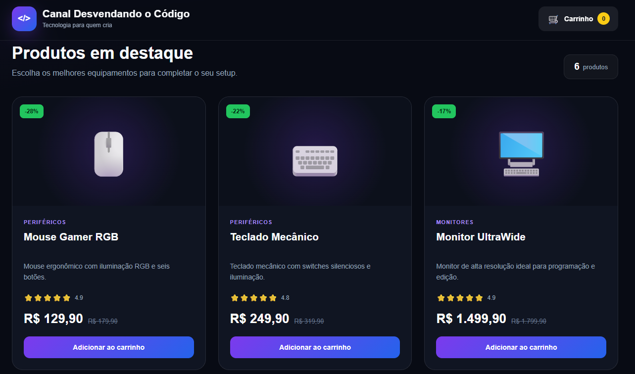 Tela real da Dev Store, projeto final do curso JavaScript do Zero