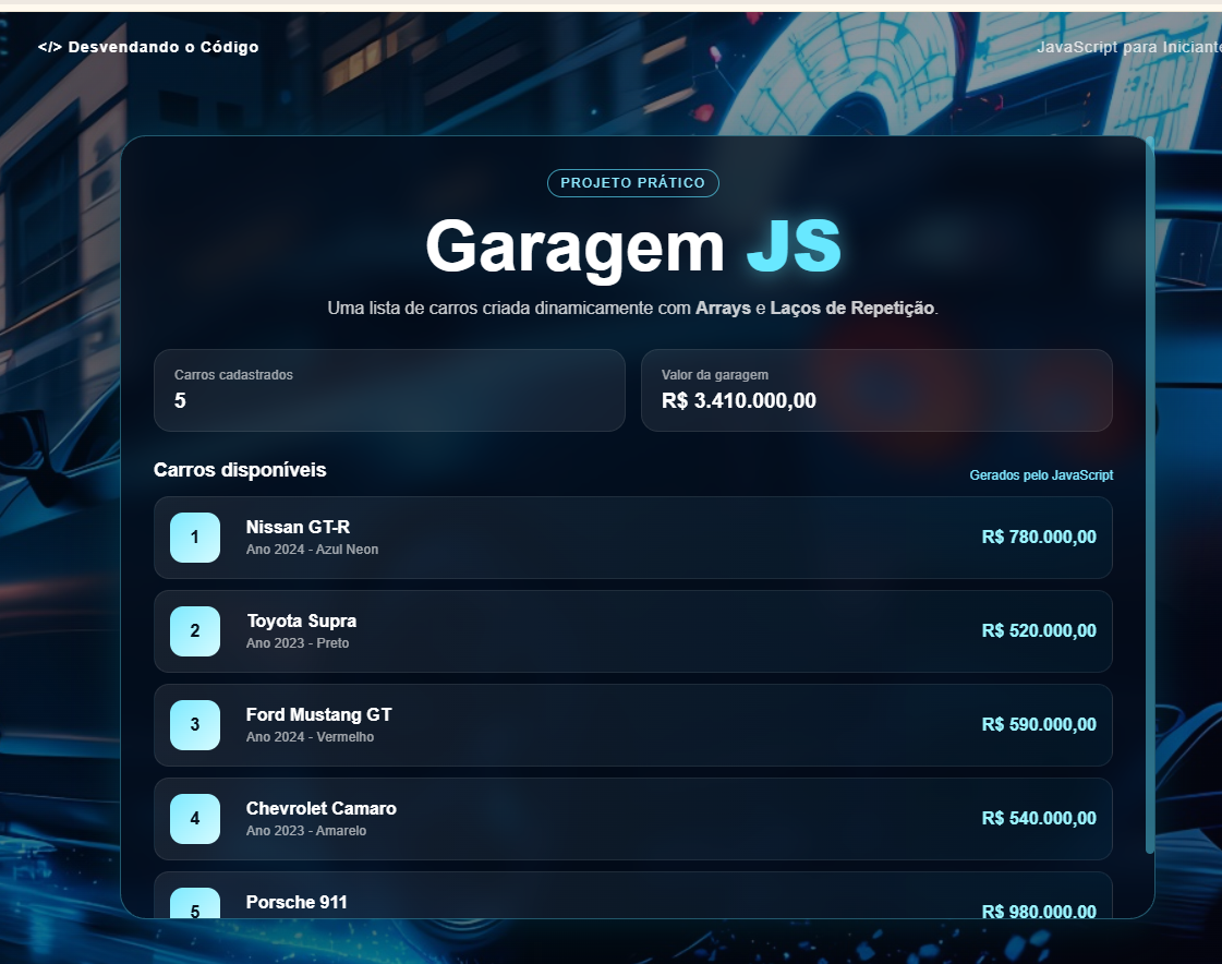 Tela real do projeto bônus Garagem JS com lista de carros criada dinamicamente