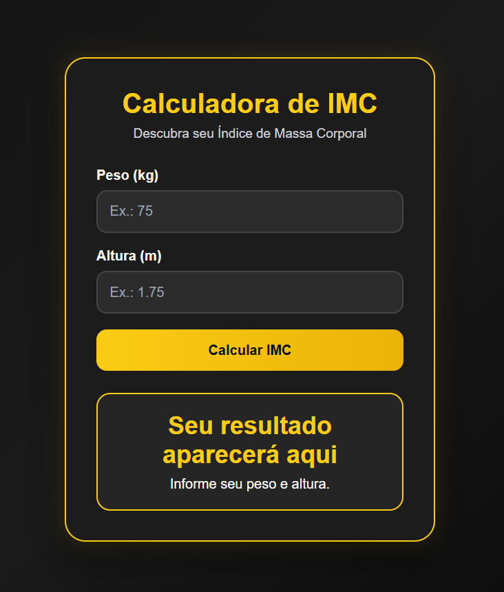 Tela real da Calculadora de IMC do curso, com campos para peso e altura