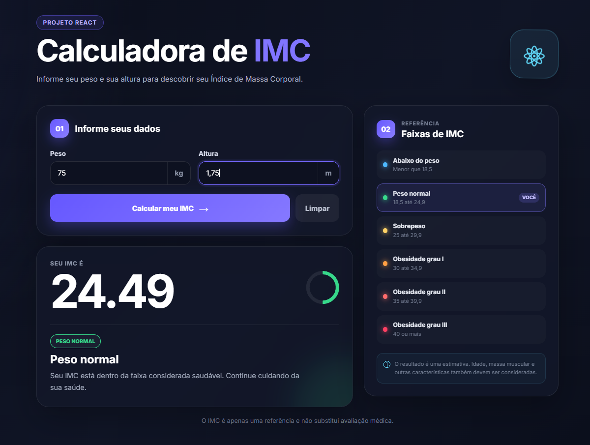 Calculadora de IMC em React com campos de peso e altura e resultado calculado