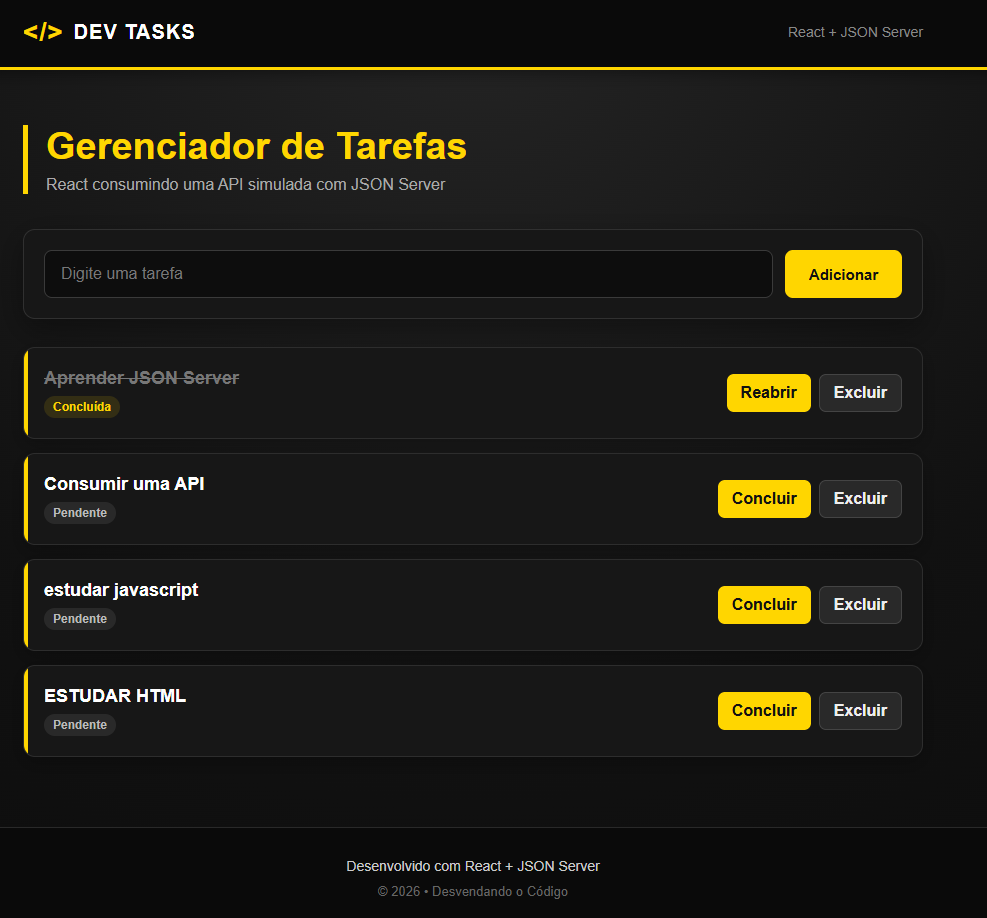 Gerenciador de tarefas Dev Tasks em React com JSON Server, incluindo tarefas pendentes e concluídas